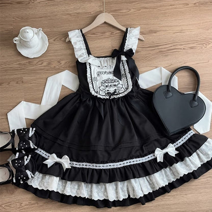 Teddy and Cake Embroidery Bodice Black Sweet Lolita Dress