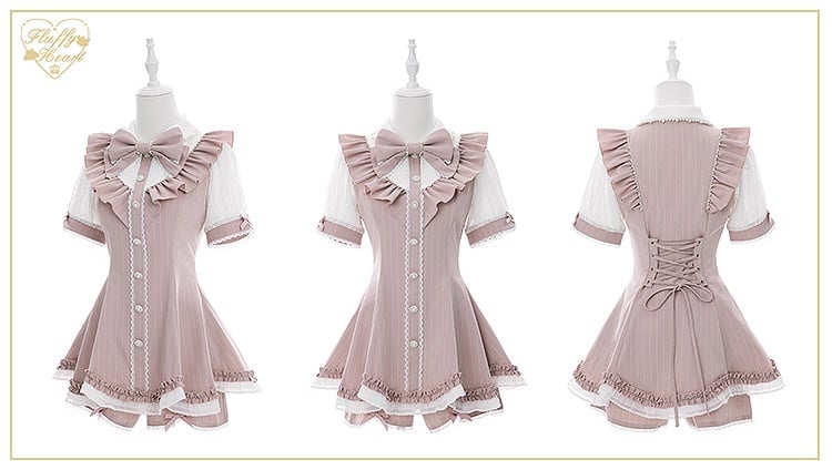 Pink Striped Jirai Kei Set: Scalloped Edge Trim Lace-up Back Top+ Shorts+ Bowknot Brooch