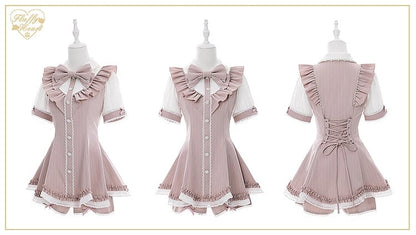 Pink Striped Jirai Kei Set: Scalloped Edge Trim Lace-up Back Top+ Shorts+ Bowknot Brooch