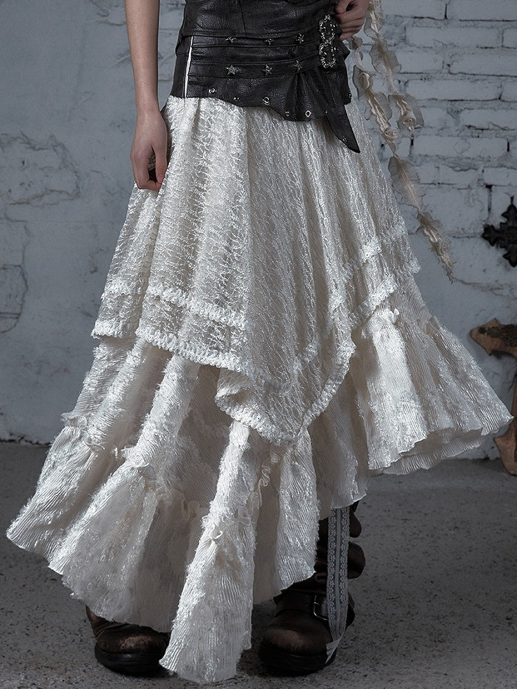 White Wasteland Punk Star Studs PU Waistline Asymmetrical Flounce Hem Skirt