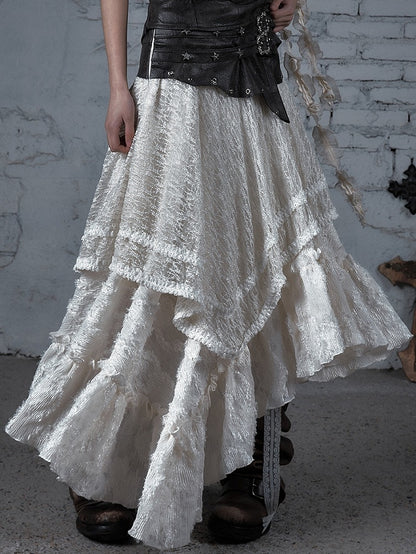 White Wasteland Punk Star Studs PU Waistline Asymmetrical Flounce Hem Skirt