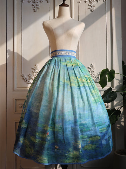 Water Lily Oil Painting Print Blue and Green High Waist Skirt Long/Short Version