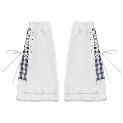 White Plaid Pattern Lace-up Details Leg Warmers