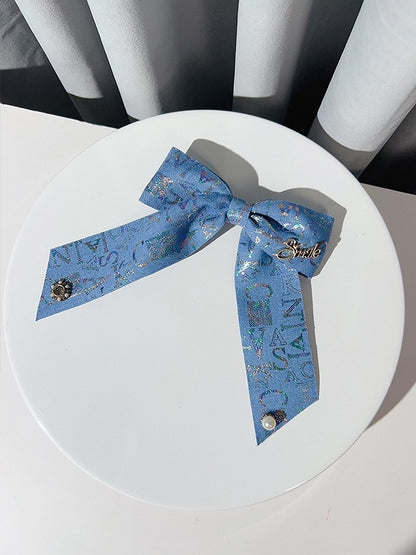 Blue Letter Print Beaded Decorated Bowknot Hairclip