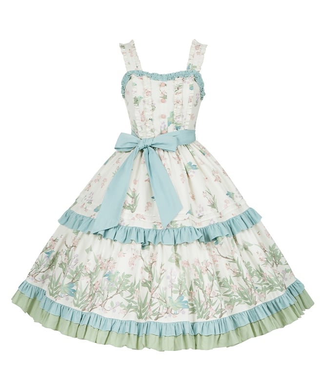 Natural Kei Floral and Bird Print Lolita Jumper Skirt with Waist Belt
