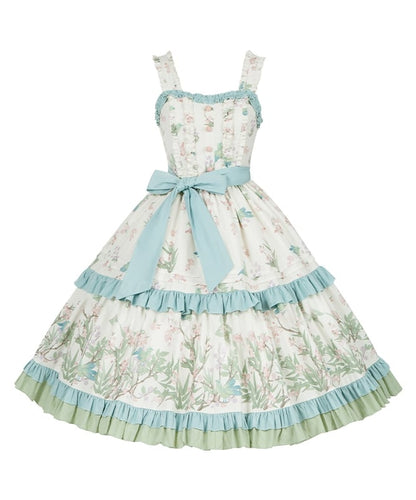 Natural Kei Floral and Bird Print Lolita Jumper Skirt with Waist Belt