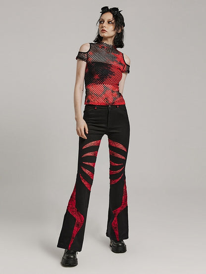 Black and Red Punk Tie-dyed Mesh Short Sleeve T-shirt