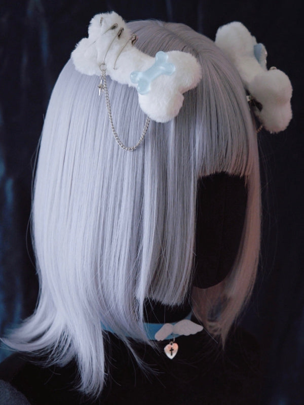 2 Options Star Charm Handmade White Plush Bone Hairclip with Chain