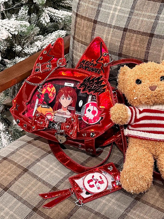 Bold Red Punk Cat Polished PU Tote Ita Bag with Free Card Holder
