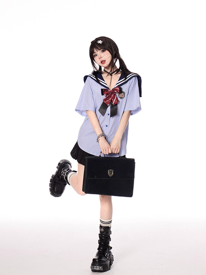 JK Uniform Sailor Collar Blue Striped Short Sleeves Shirt with Free Bowtie