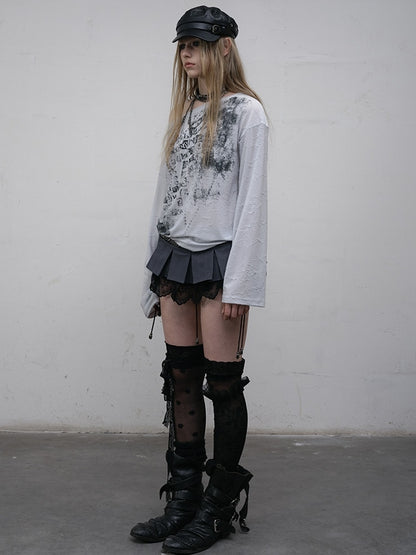 Blue/Beige Wasteland Punk Letter Print Asymmetrical Neckline Long Sleeves Top