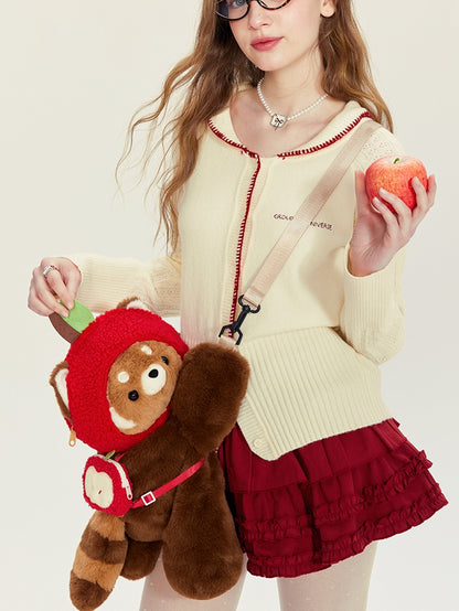 Brown Red Panda Plush Backpack/Crossbody Bag + Red Apple Hat+Keychain