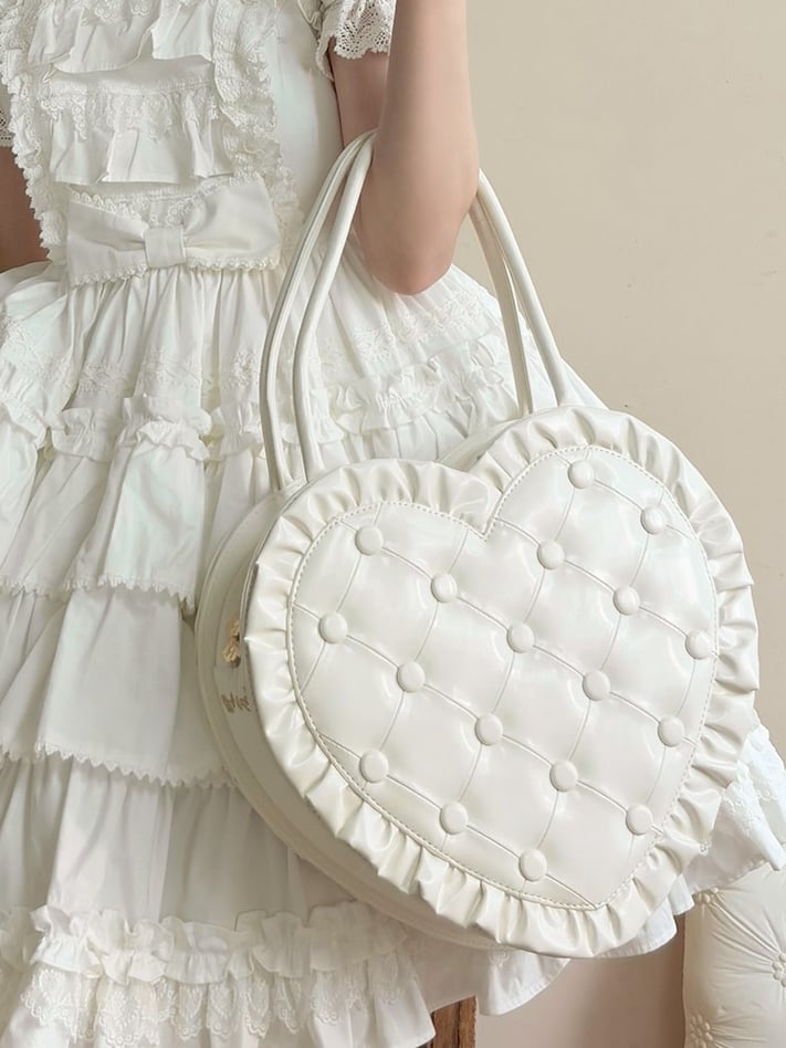 White Ruffles Trim Heart-shaped Hand Bag