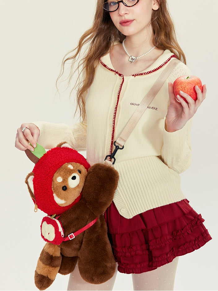 Cute Red Panda Brown 28/40 cm Plush Backpack/Crossbody Bag + Apple Hat + Red Panda/Apple Keychain