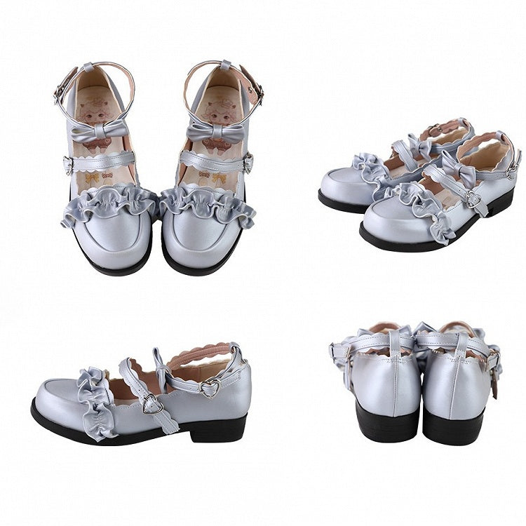 Blue Ruffles Trim Bowknot Decorated Heart Buckles Lolita Shoes