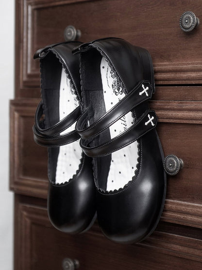 Black Gothic Cross Embroidery Velcro Strap Closures Round Toe Flats