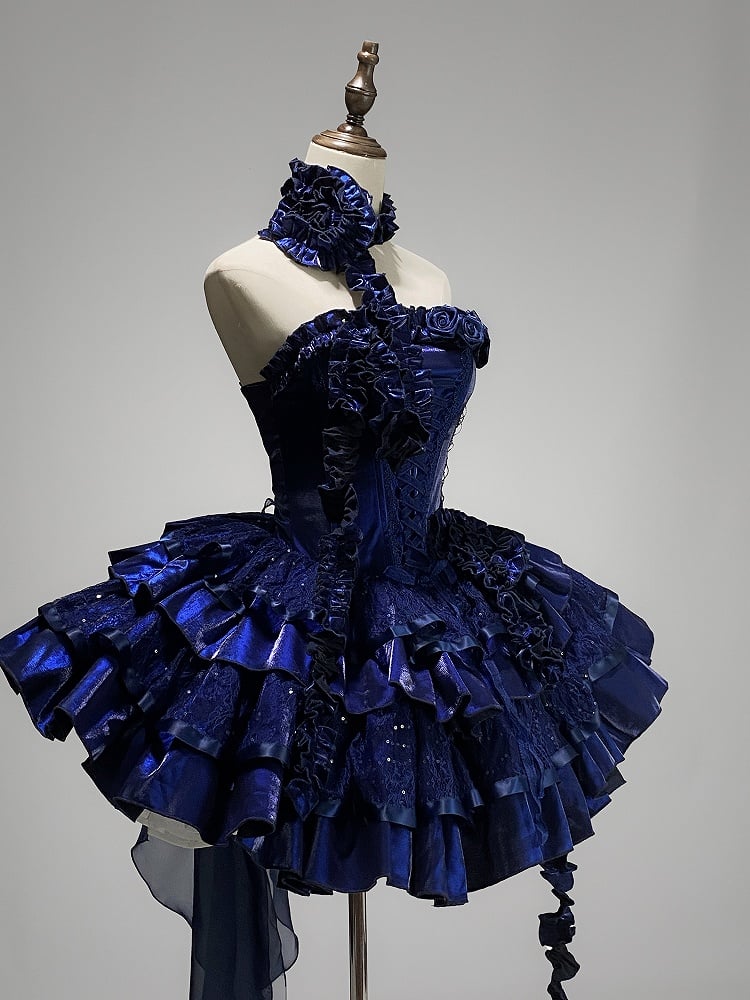 Clearance-Size S for Bust 80-90CM Klein Blue Roses Neckline Lolita Goth Boning Dress Sequins Tiered Puffy Dress
