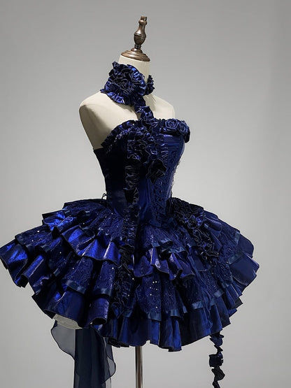 Clearance-Size S for Bust 80-90CM Klein Blue Roses Neckline Lolita Goth Boning Dress Sequins Tiered Puffy Dress