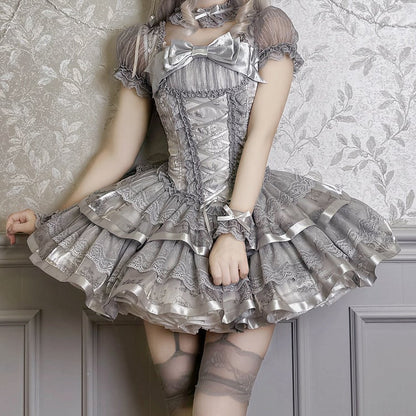 Bunny and Kitty Print Silver Gray Short Puff Sleeves Lolita Corset Dress
