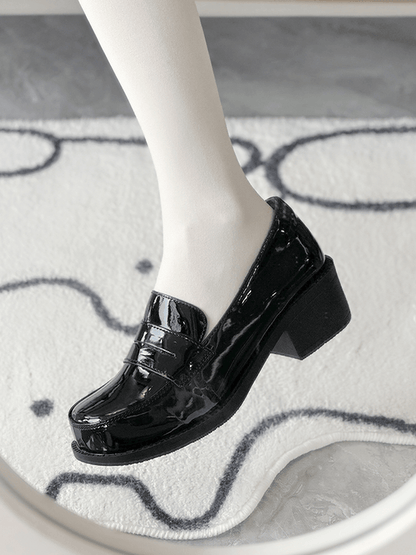 PU Black Academic Mid-Heel Shoes - Slip-On Design for School Style