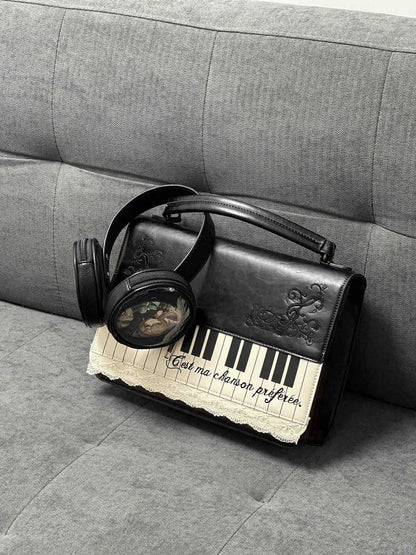 Chic Small-Sized Black Piano-Themed Crossbody & Backpack Briefcase With Embroidered Floral Accents