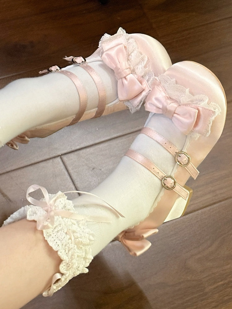Sweet Pink Lolita Mid-heel Mary Janes - Ruffled Lace Edging, Ornate Bow & Dual Fasteners