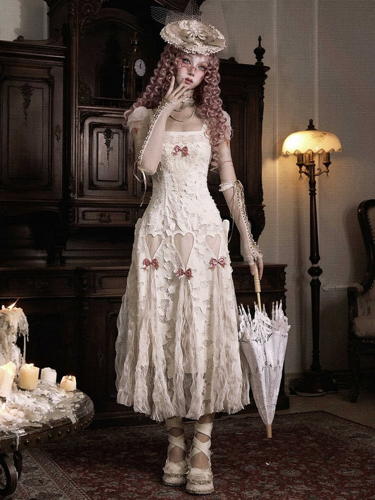 Romantic Goth Pink Bows Heart Cutout Light Cream Summer Slip Dress