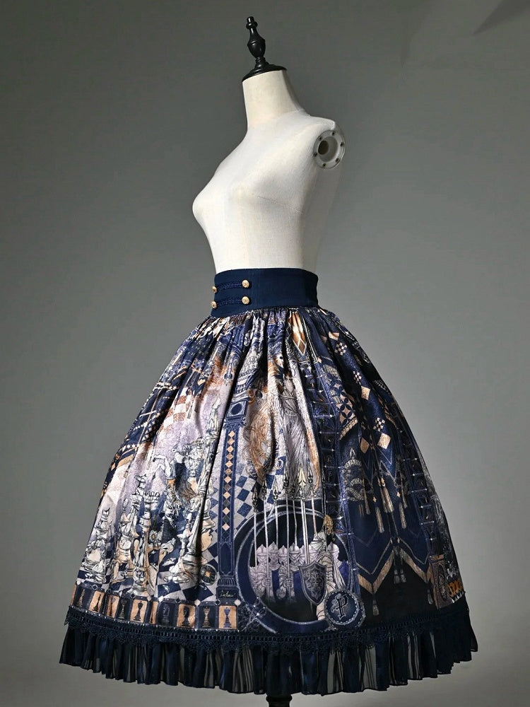 Dark Blue Corset Belt Waist Chess Theme Print Lolita Skirt