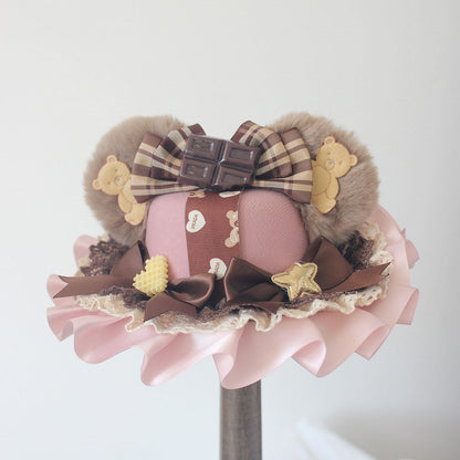 6 Color Options Chocolate Decorated Bowknot Details Plush Bear Ear Mini Hat