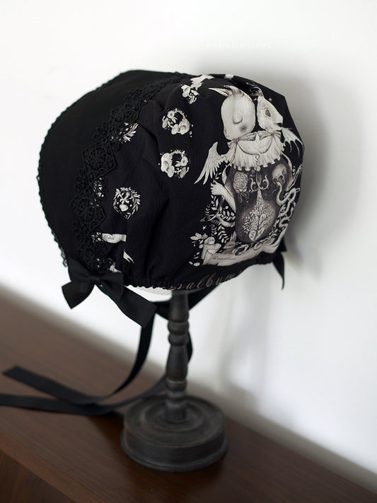 Bunny Print Black Dark Lolita Bonnet