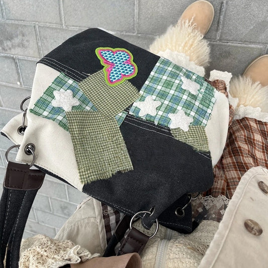 Green Vintage-Inspired Tote Bag - Colorblock & Patchwork Design with Butterfly Applique