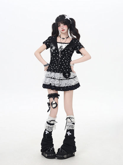 Y2K Kitty Ears Hood Allover Star and Heart Print Off White/Black Zip-up Jacket