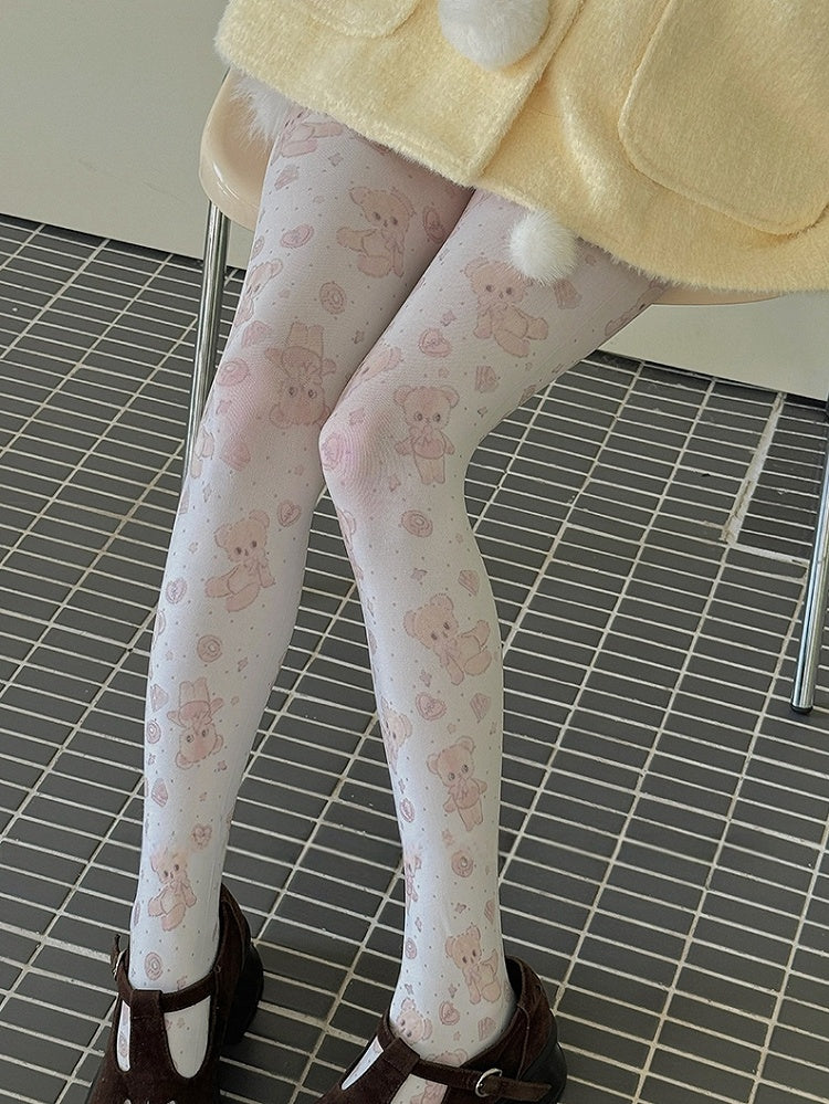 White Sweet Bear Heart Print Tights