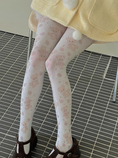 White Sweet Bear Heart Print Tights