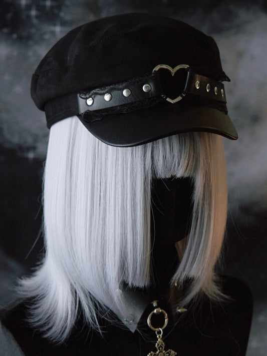 Black Gothic Heart Ring Studs Details Lace Trim Beret Hat