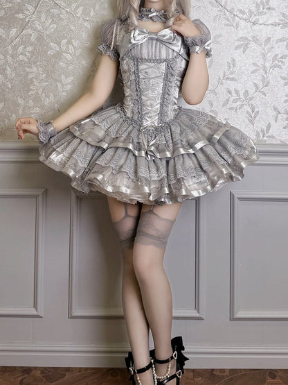 Bunny and Kitty Print Silver Gray Short Puff Sleeves Lolita Corset Dress