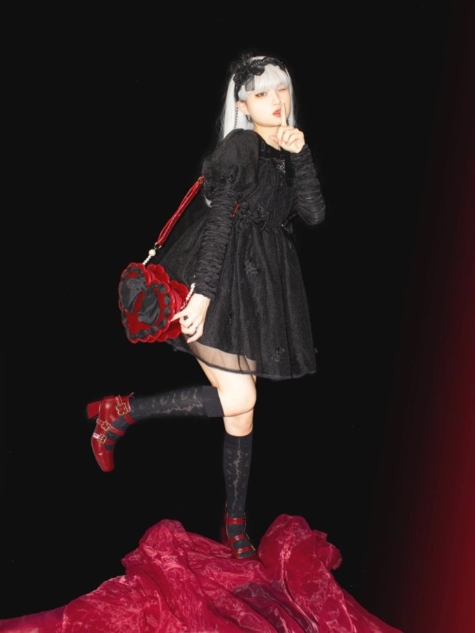 Red Heart-Shaped Lolita Bag with Black Bow & Pearl Handle