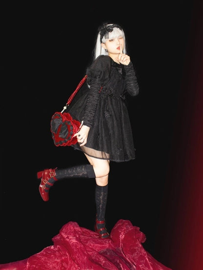 Red Heart-Shaped Lolita Bag with Black Bow & Pearl Handle