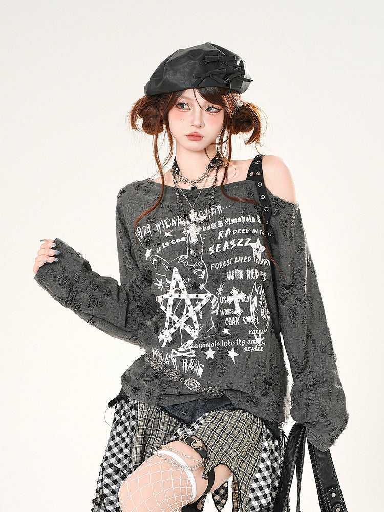 Asymmetrical Neckline Distressed Holes Black/White Graphic Coverup