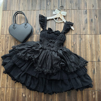 Black Drawstring Overlay Tiered Skirt Princess Lolita Kuro Dress