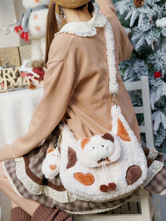 White Cute Kitty Plush Shoulder Bag With Pompons