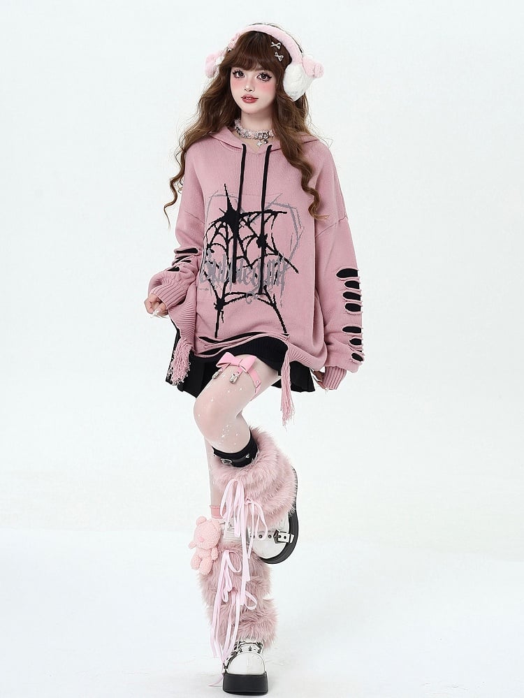 Pink Gothic Spiderweb Distressed Holes Hooded Sweater