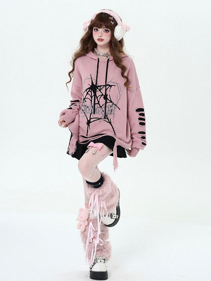 Pink Gothic Spiderweb Distressed Holes Hooded Sweater