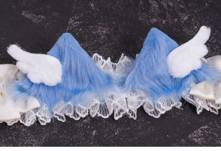 Handmade Wings Blue and White Bowknots Kitty Ears Hairband