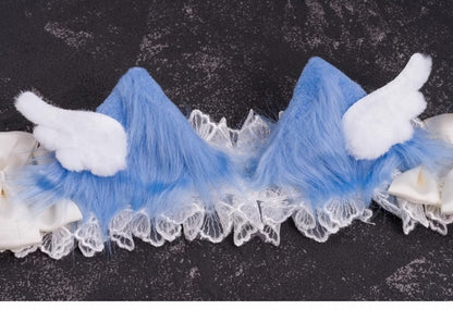 Handmade Wings Blue and White Bowknots Kitty Ears Hairband