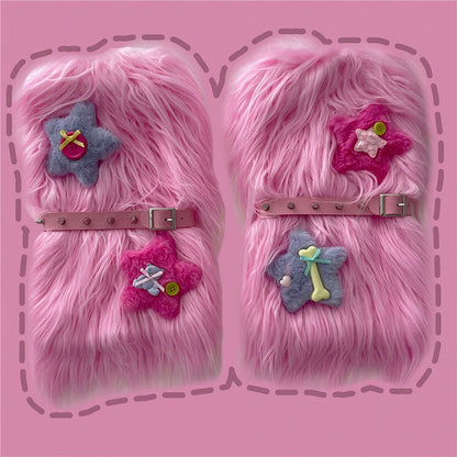 Pink/Blue Stars Decorated Plush Leg Warmers With Studded Garter