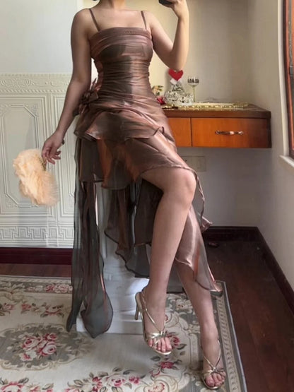 Khaki Vintage Floral Dress Asymmetrical Hem Prom Gown