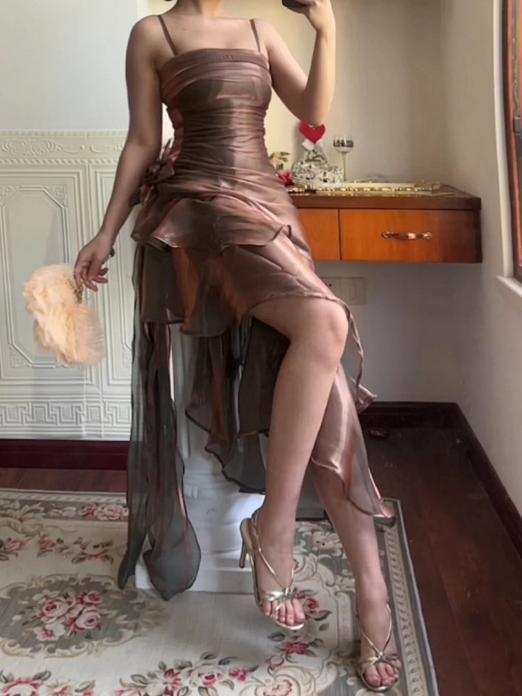 Khaki Vintage Floral Dress Asymmetrical Hem Prom Gown