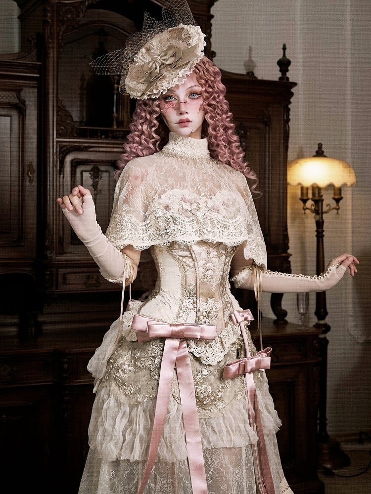 Light Cream Bead Tassels High Collar Victorian Lace Shawl Cape