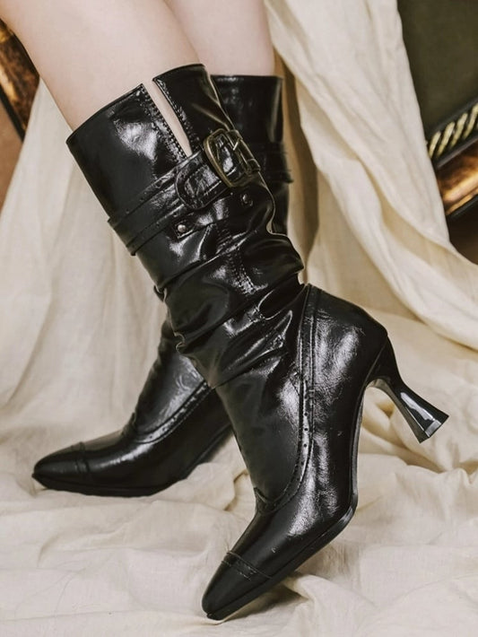 Black Classic Lolita Pointed Toe Boots - PU High Heel with Convertible Cuff & Vintage Inspired Fasteners